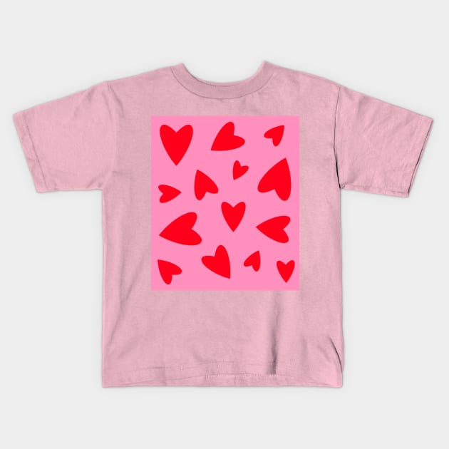 Red Love Hearts on Pink Kids T-Shirt by OneThreeSix